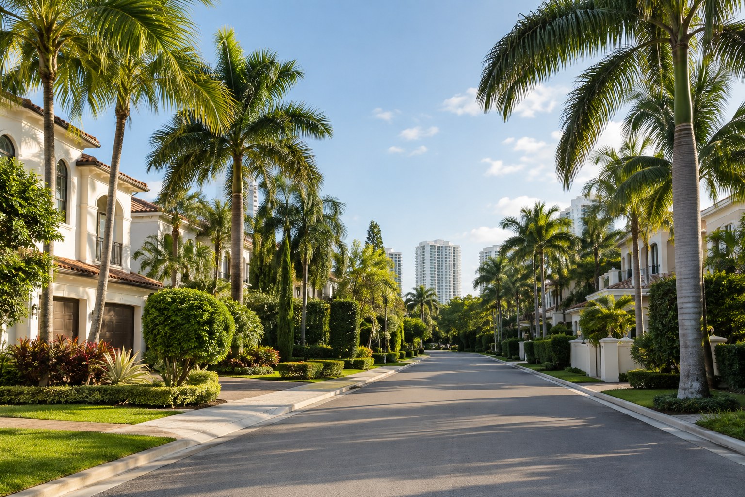 A quiet palm-lined Aventura, Florida residential street, illustrative