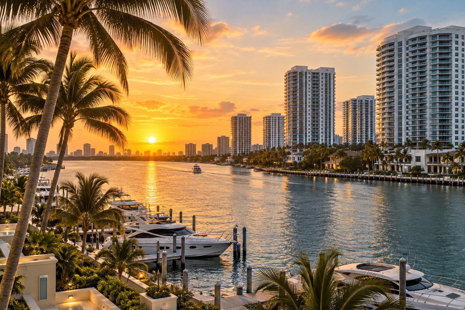 Miami Intracoastal skyline at sunset with boats, illustrative