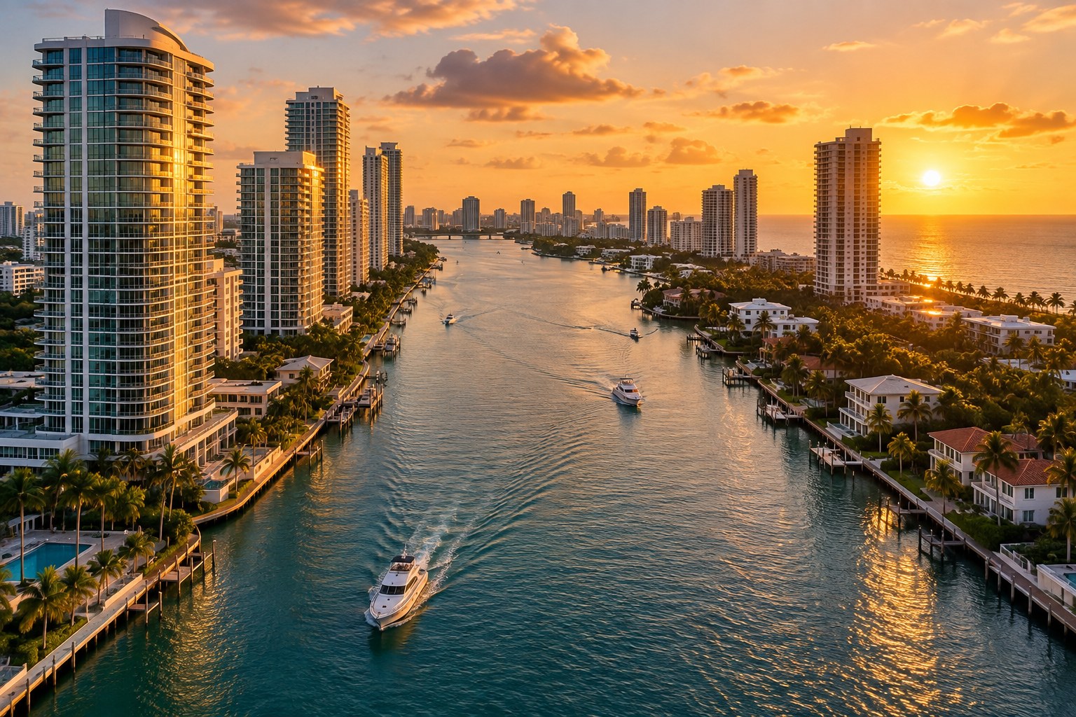 A Miami waterfront street at sunset, illustrative