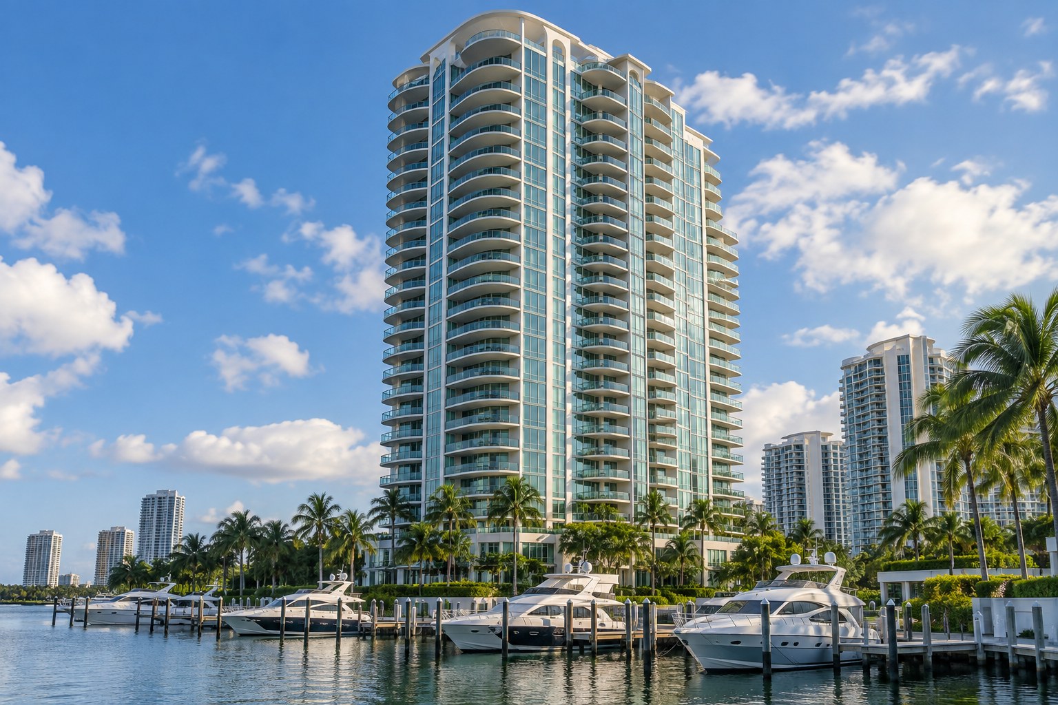 A Miami luxury tower along the water at sunset, illustrative