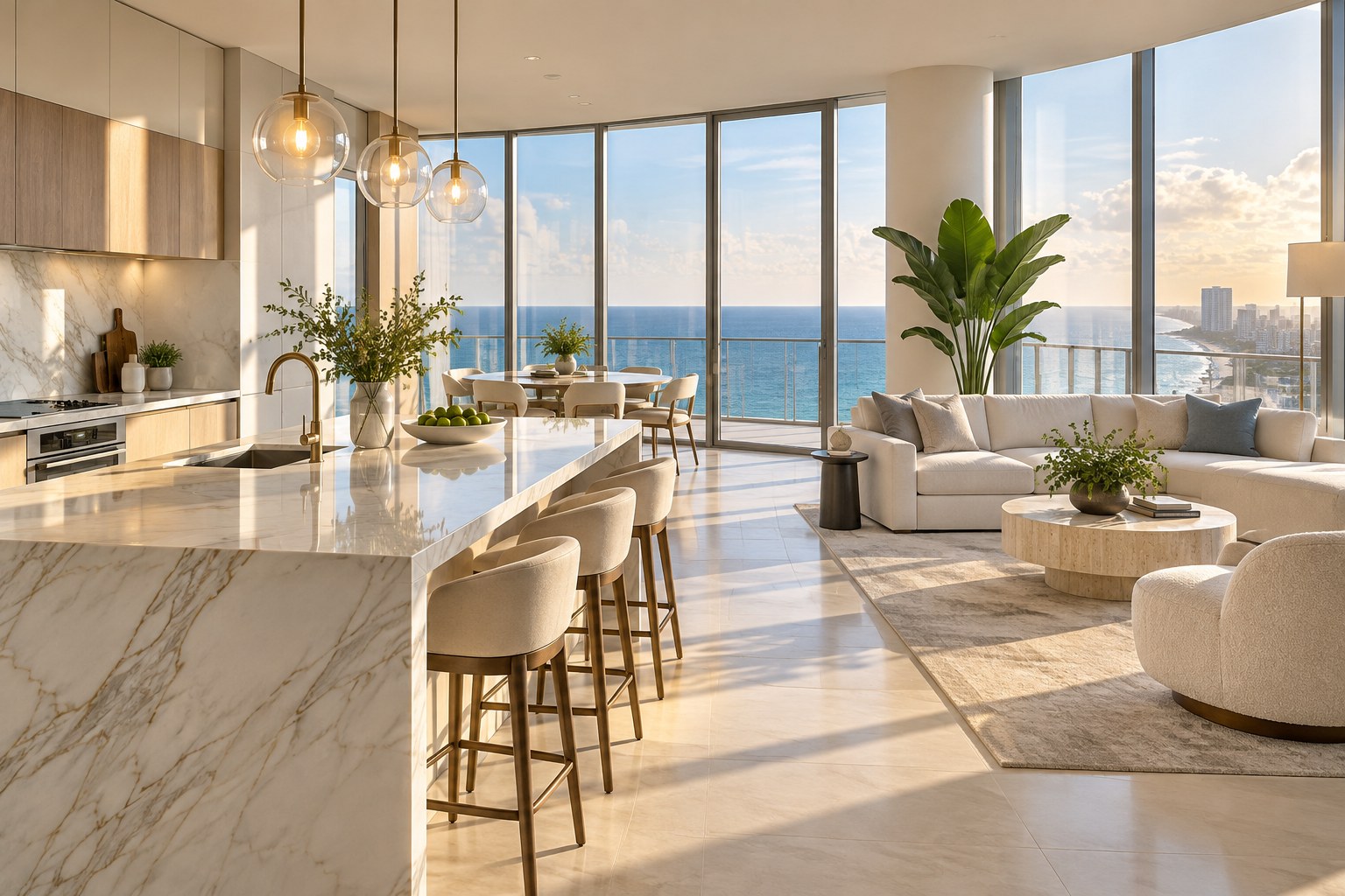 A modern Miami living room interior with bay view, illustrative